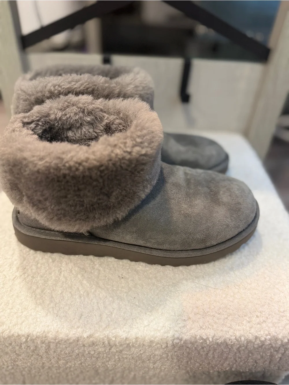 UGG Classic Mini Fluff Boots Charcoal Grey Suede Shearling Fur Ankle Boot Size 8 - Picture 8 of 10